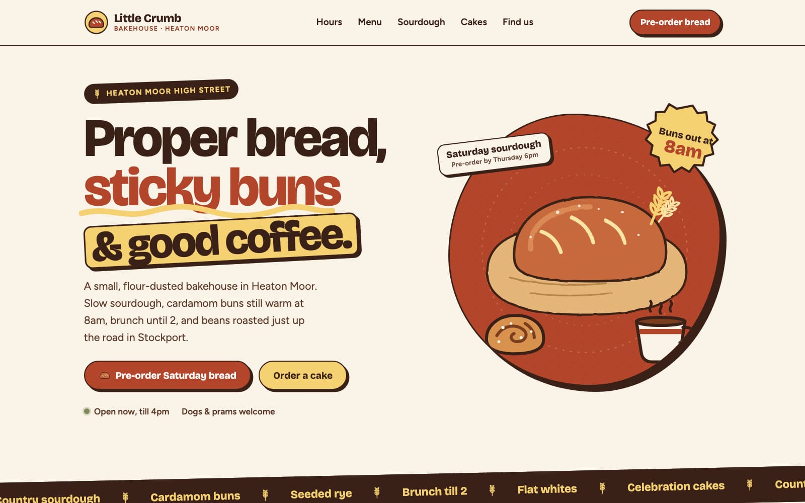 The Little Crumb Bakehouse concept homepage: a big illustrated loaf and the headline “Proper bread, sticky buns & good coffee.”