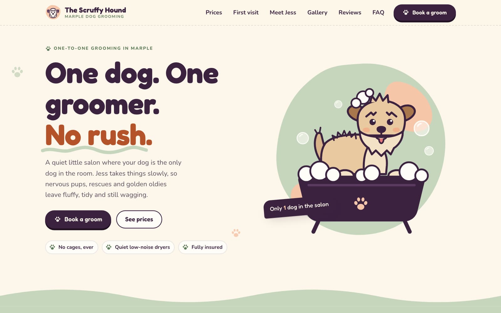 The Scruffy Hound concept homepage: an illustrated terrier in a bubble bath next to the headline “One dog. One groomer. No rush.”