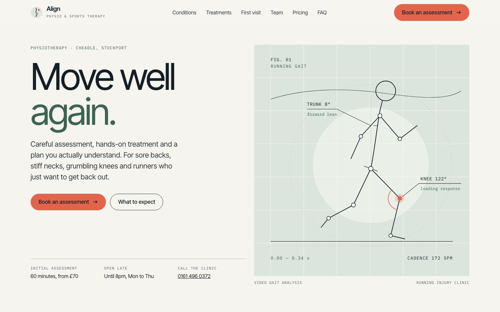 The Align Physio concept homepage: a line drawing of a runner’s gait with measurements, beside the headline “Move well again.”